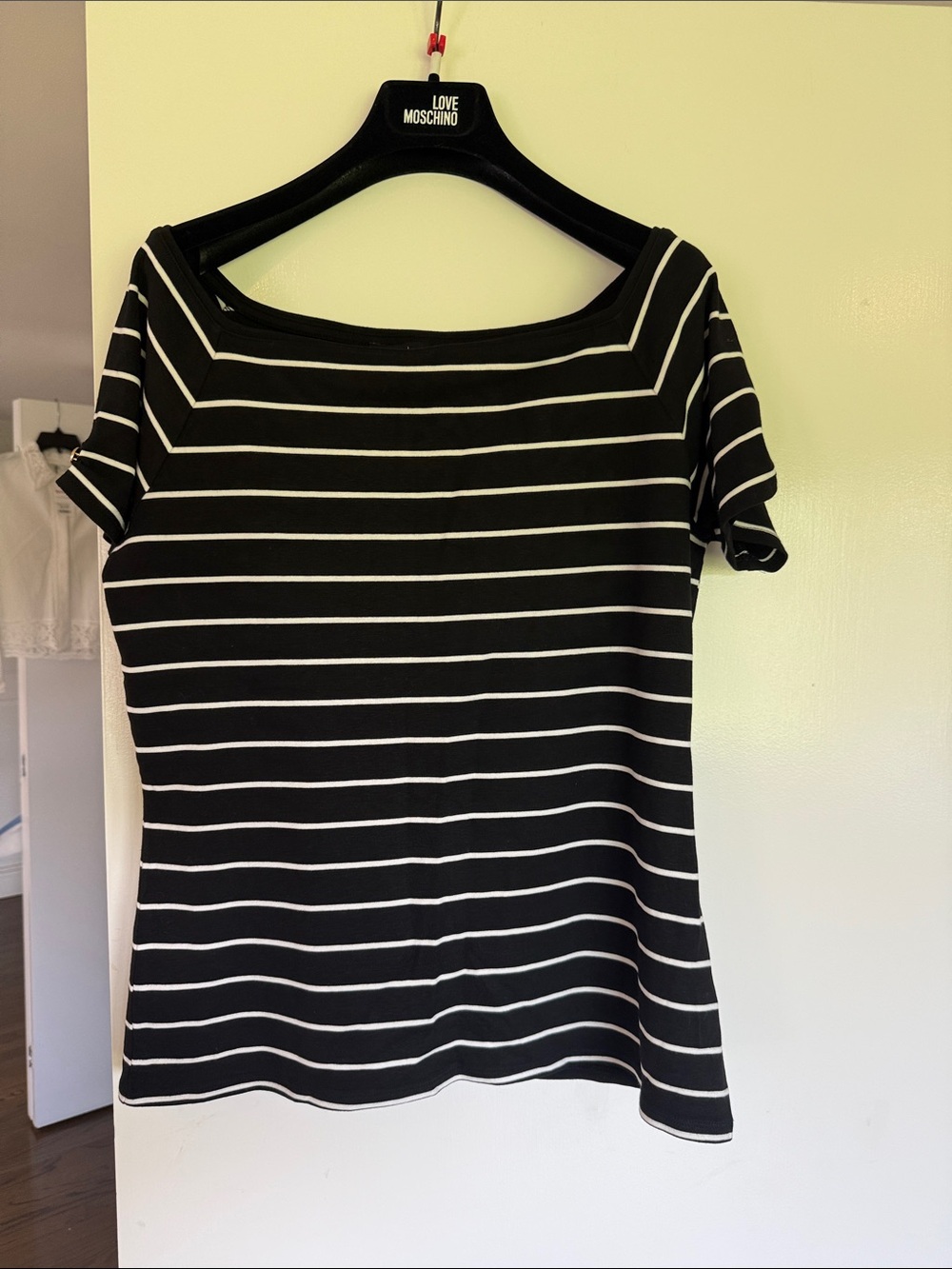 White House Black Market  Black and White Striped Boatneck Short Sleeve Top